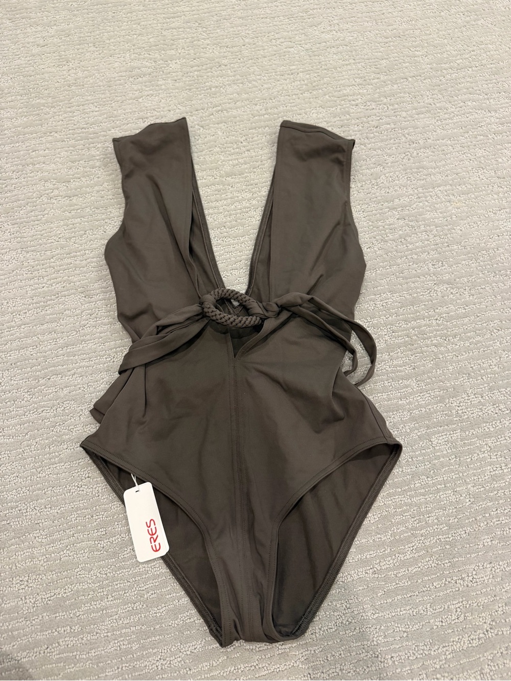 Sleek Olive One-Piece Swimsuit with Front Rope Accent